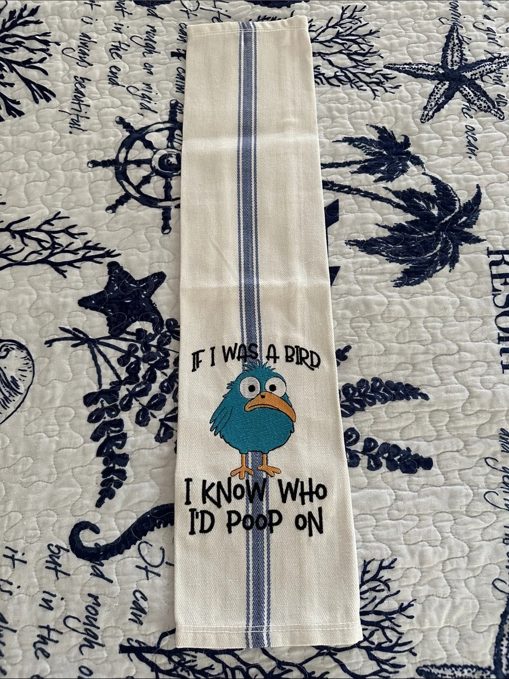 Unbranded Blue Bird Humorous Kitchen Towel -Blue custom machine embroidered NWOT